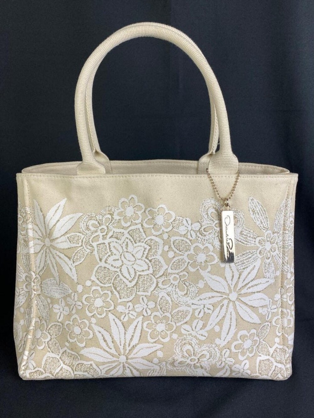 Oscar De La Renta/Neiman Marcus Beige Floral Canvas Embroidered Tote Bag - Picture 1 of 13